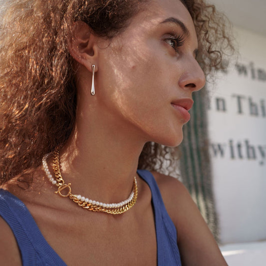 Double Layer Natural Freshwater Pearl Cuban Link Chain K Gold Plating Clavicle Chain