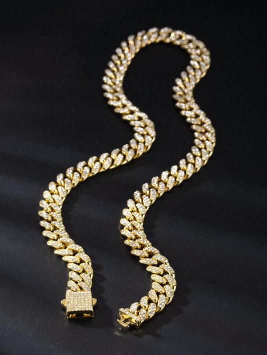 13mm Cuban Link Chain Spring Release Buckle Alloy Full Diamond Necklace Bracelet