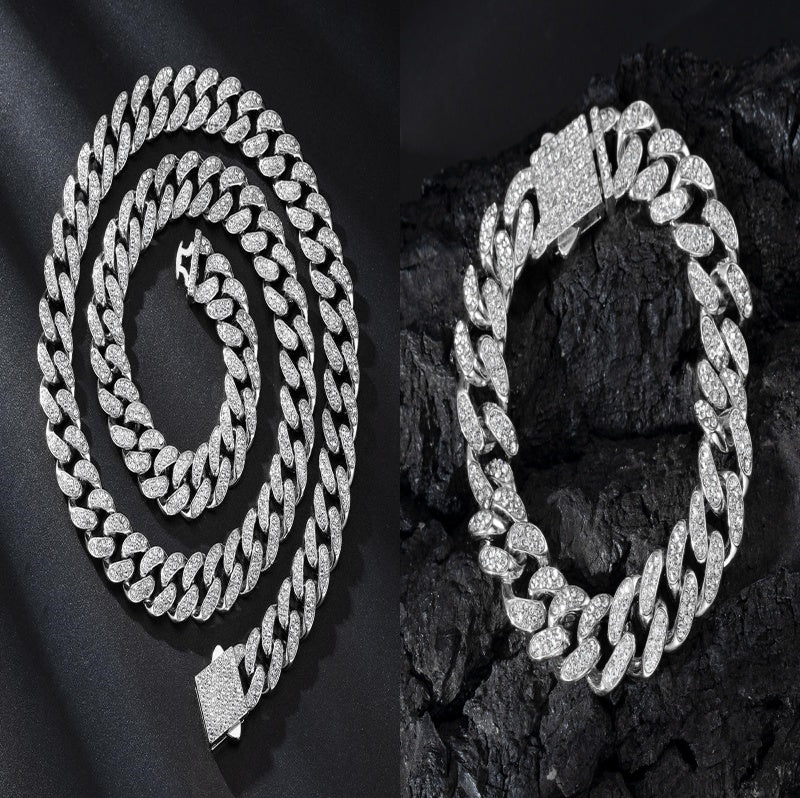 13mm Cuban Link Chain Spring Release Buckle Alloy Full Diamond Necklace Bracelet