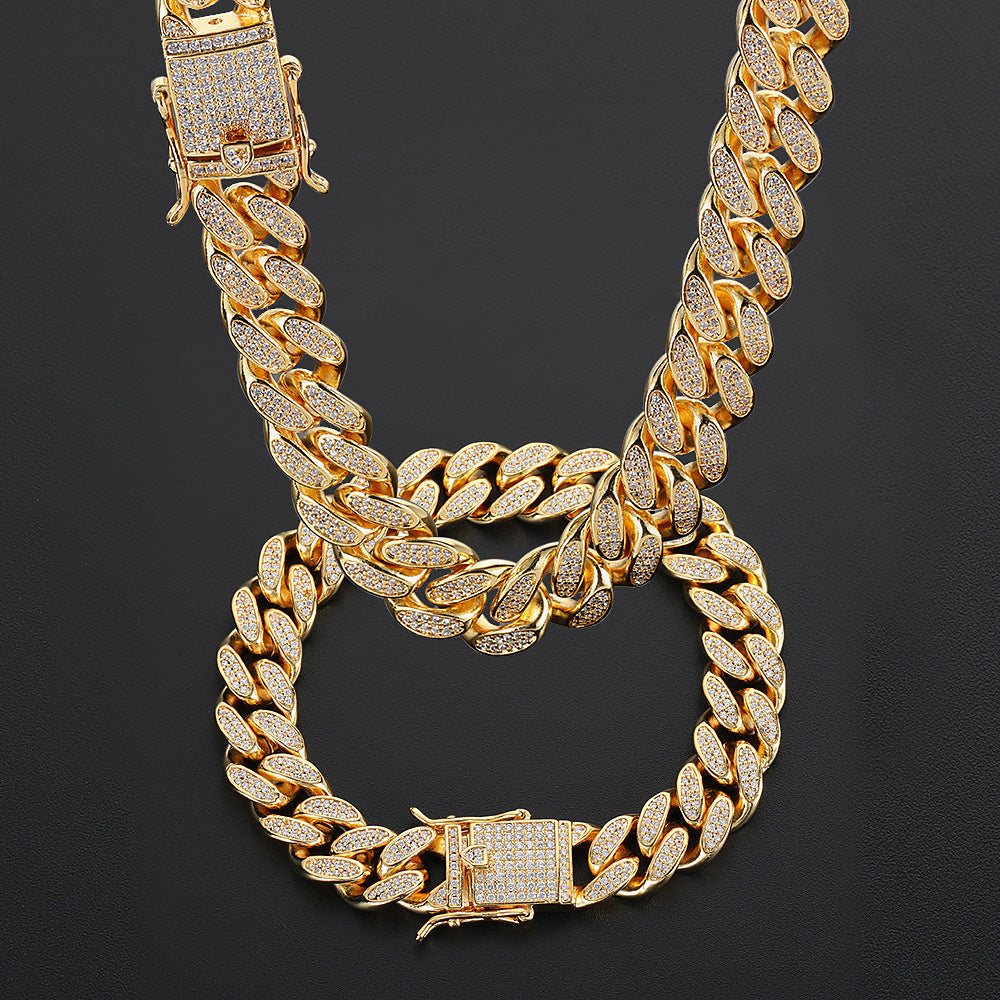 Hip Hop Men's Necklace 12mm Double Row Full Diamond Cuban Chain Bracelet