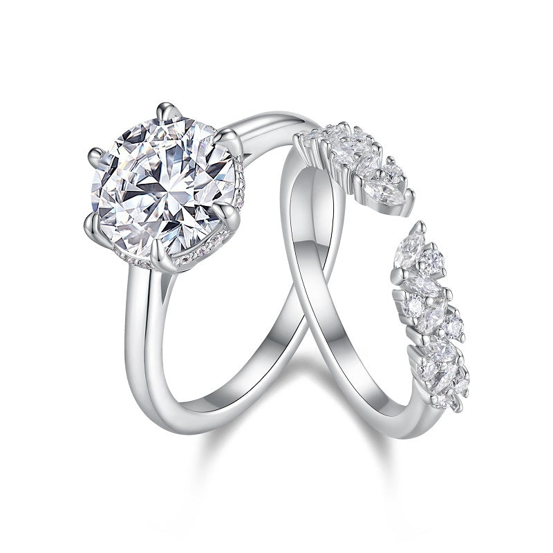 3-carat Double Rings Set With Top-quality Moissanite Luxury And Fashionable Light Luxury Jewelry Silver Ring S925 Silver Electroplated With Gold
