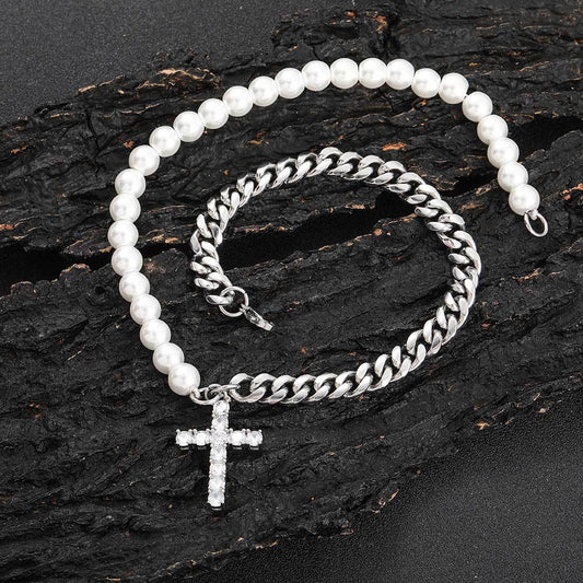 European Hip Hop 8mm Stainless Steel Cuban Link Chain Mixed Pearl Necklace
