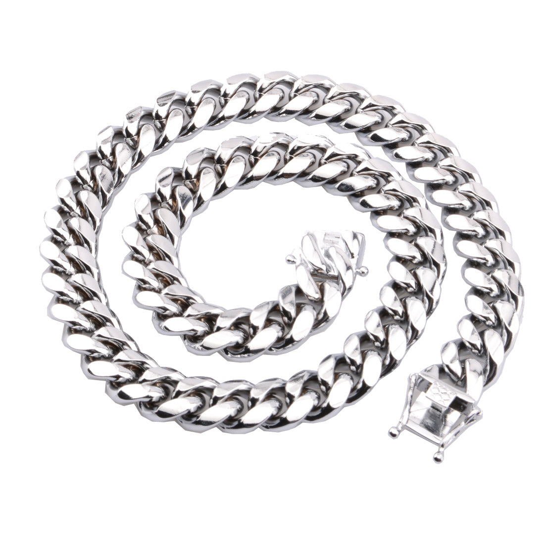 New men's hot Cuban chain faucet buckle silver necklace stainless steel titanium steel encryption plating white steel