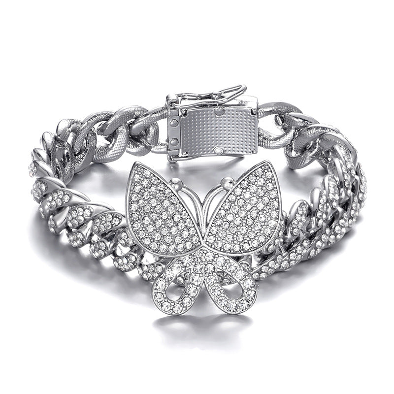 Hip Hop Full Rhinestone Butterfly Cuban Chain 13mm Anklet