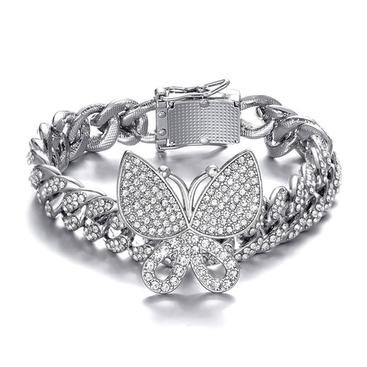 Hip Hop Full Rhinestone Butterfly Cuban Chain 13mm Anklet