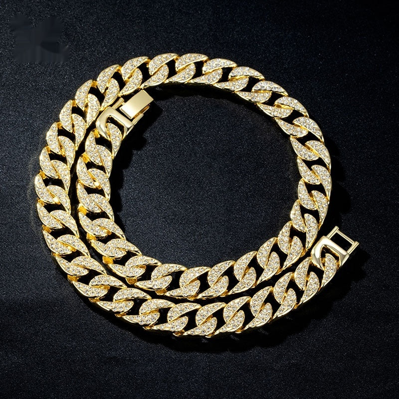 13mm Cuban Link Chain Spring Release Buckle Alloy Full Diamond Necklace Bracelet