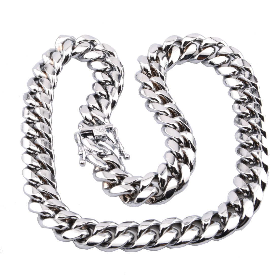 New men's hot Cuban chain faucet buckle silver necklace stainless steel titanium steel encryption plating white steel