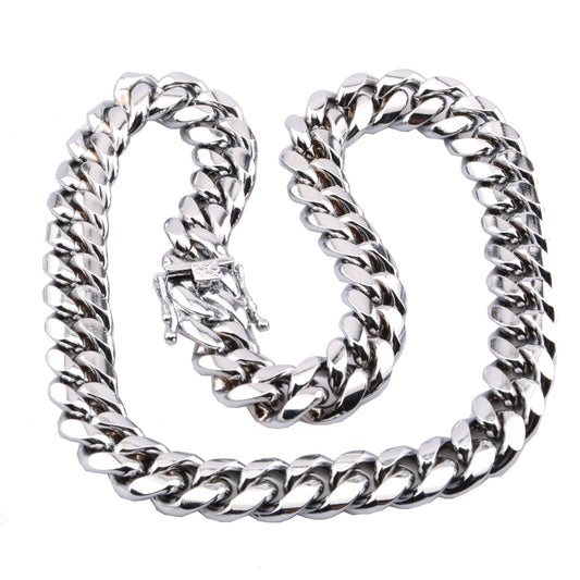 New men's hot Cuban chain faucet buckle silver necklace stainless steel titanium steel encryption plating white steel