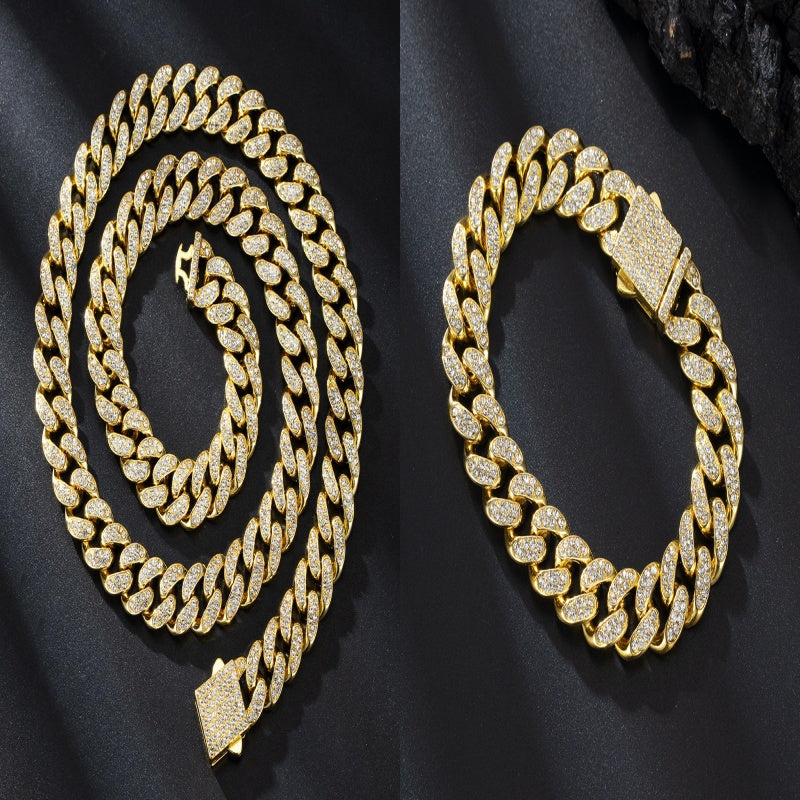 13mm Cuban Link Chain Spring Release Buckle Alloy Full Diamond Necklace Bracelet