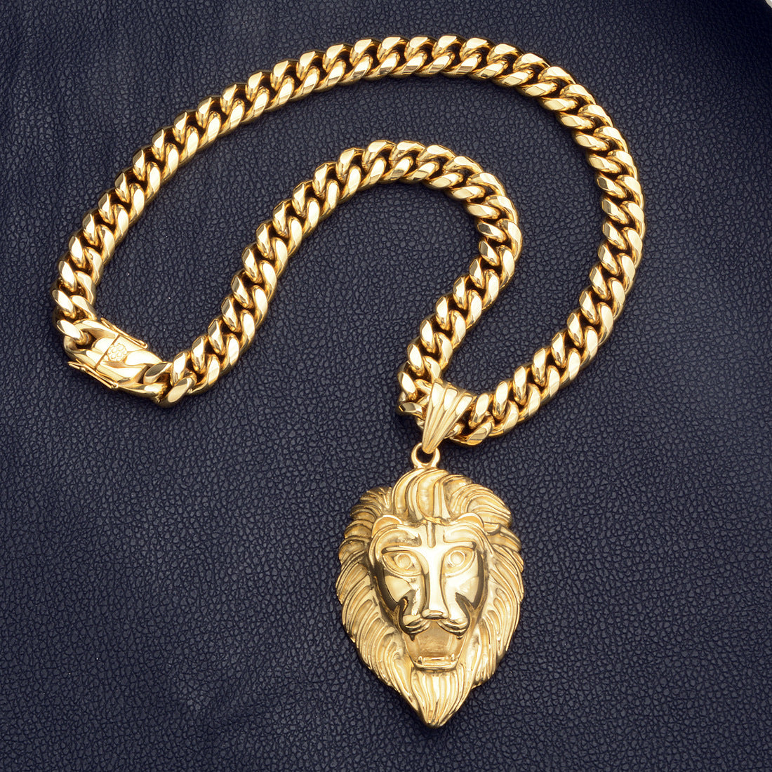 Lion Head Pendant Titanium Steel Stainless Steel Cuban Chain Necklace 14mm