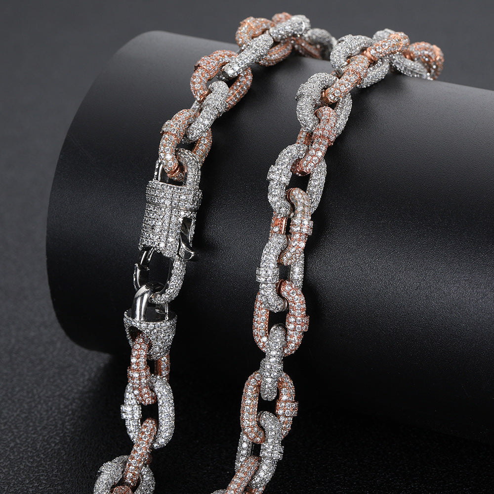 10mm Two-tone Copper Micro Inlaid Zircon Cuban Link Chain Necklace