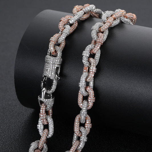 10mm Two-tone Copper Micro Inlaid Zircon Cuban Link Chain Necklace