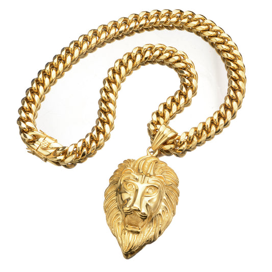 Lion Head Pendant Titanium Steel Stainless Steel Cuban Chain Necklace 14mm