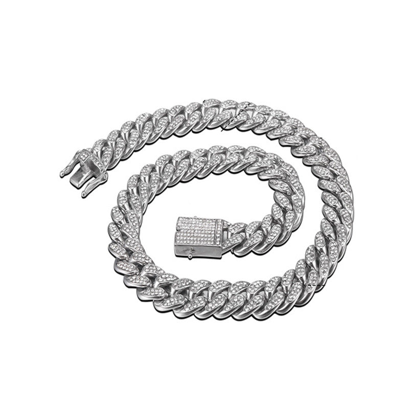 Euro-American Hip-Hop Diamond-Encrusted Cuban Chain Titanium Steel Necklace