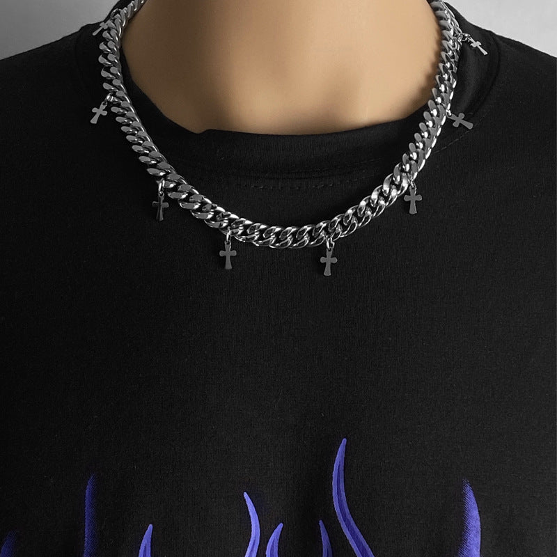 Titanium Steel Ornament Cross Cuban Link Chain Clavicle Necklace