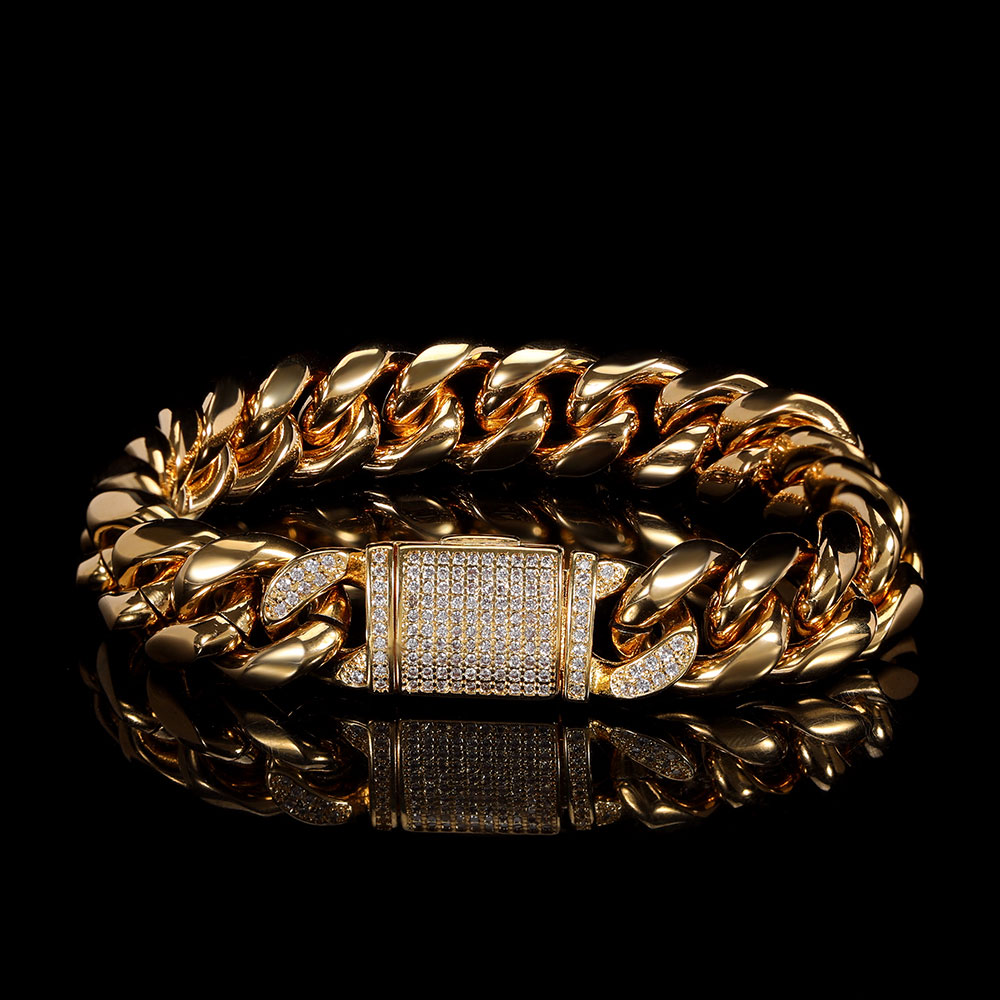 Titanium Steel Bracelet 12mm Stainless Steel Cuban Chain Real Gold Plating