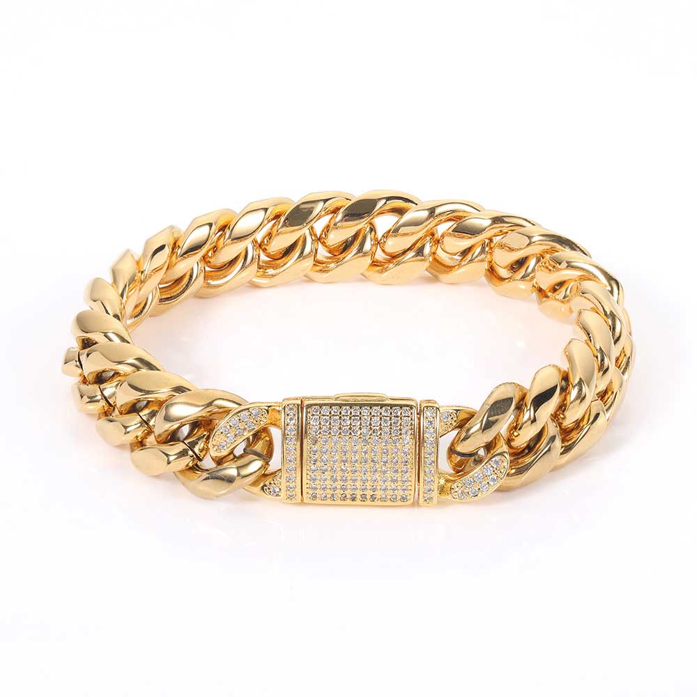 Titanium Steel Bracelet 12mm Stainless Steel Cuban Chain Real Gold Plating