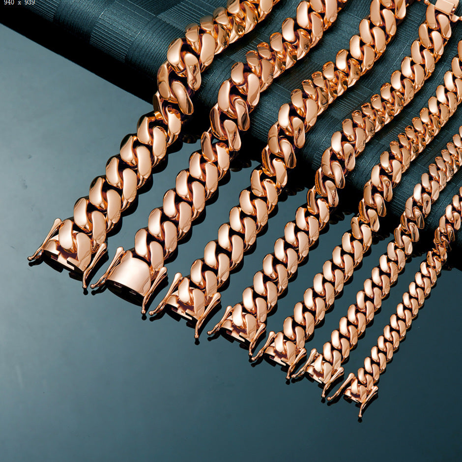 Hip-hop Jewelry Stainless Steeltitanium Slim Rose Gold Cuban-link Chain Necklace With Gold Plating