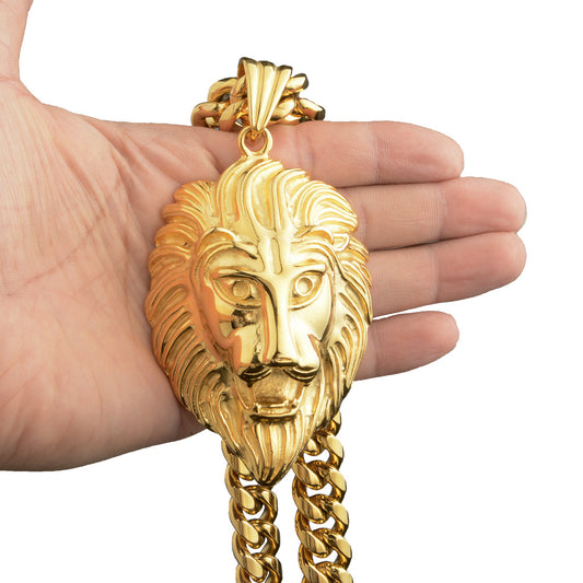 Lion Head Pendant Titanium Steel Stainless Steel Cuban Chain Necklace 14mm