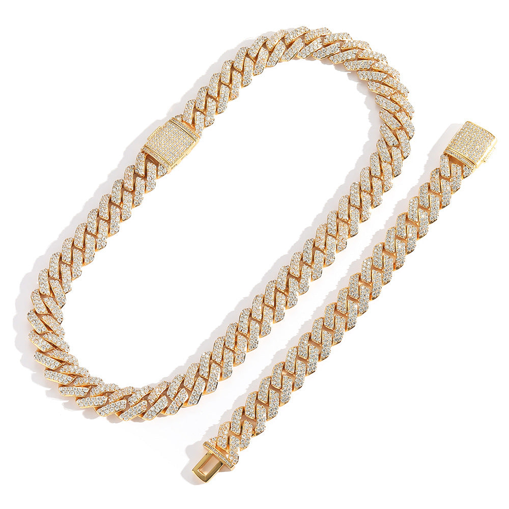 Hip Hop 15mm Double Row Zircon Diamond Cuban Chain Real Gold Plating