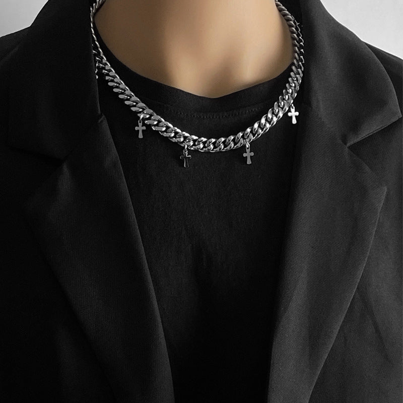 Titanium Steel Ornament Cross Cuban Link Chain Clavicle Necklace