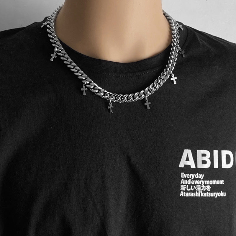 Titanium Steel Ornament Cross Cuban Link Chain Clavicle Necklace