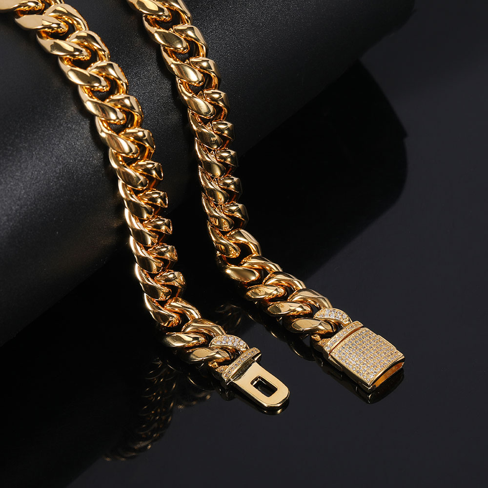 Titanium Steel Bracelet 12mm Stainless Steel Cuban Chain Real Gold Plating