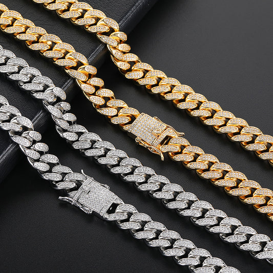 Hip Hop Men's Necklace 12mm Double Row Full Diamond Cuban Chain Bracelet