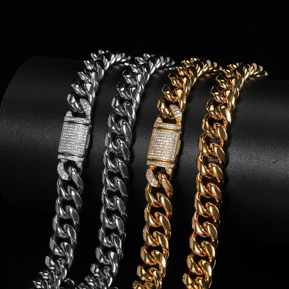 Titanium Steel Bracelet 12mm Stainless Steel Cuban Chain Real Gold Plating