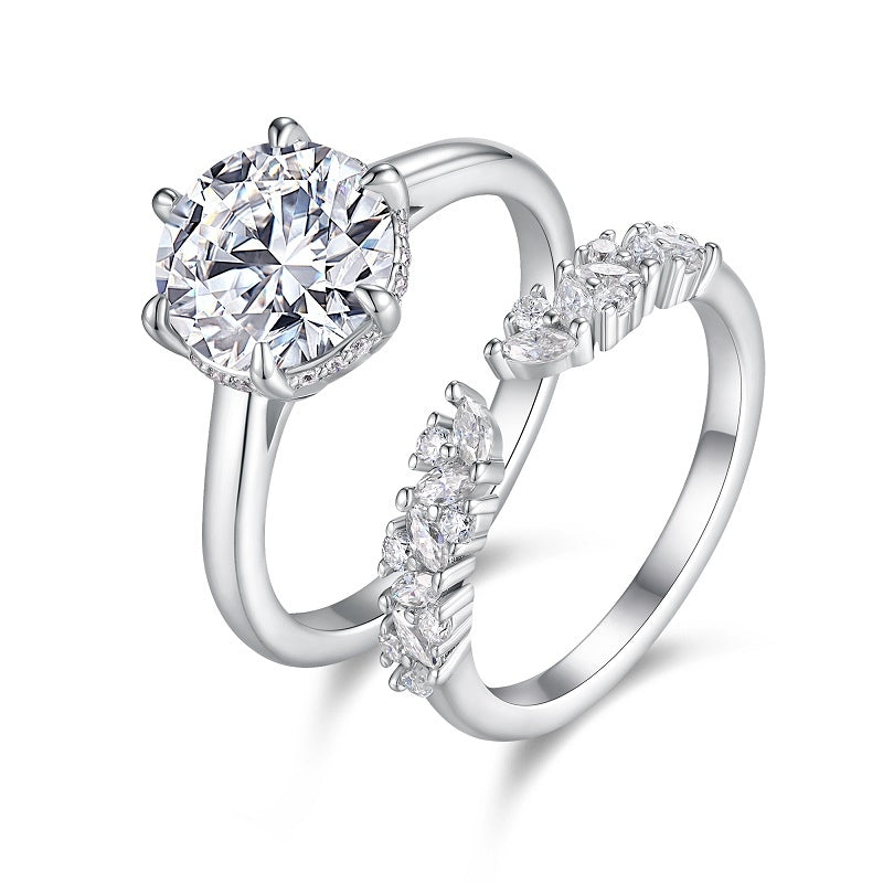 3-carat Double Rings Set With Top-quality Moissanite Luxury And Fashionable Light Luxury Jewelry Silver Ring S925 Silver Electroplated With Gold