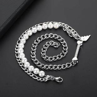 European Hip Hop 8mm Stainless Steel Cuban Link Chain Mixed Pearl Necklace