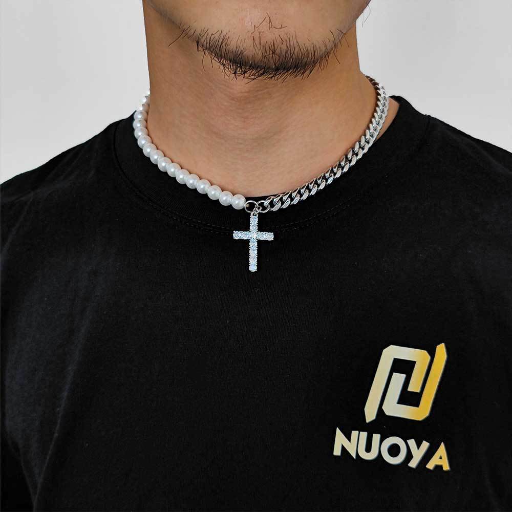 European Hip Hop 8mm Stainless Steel Cuban Link Chain Mixed Pearl Necklace