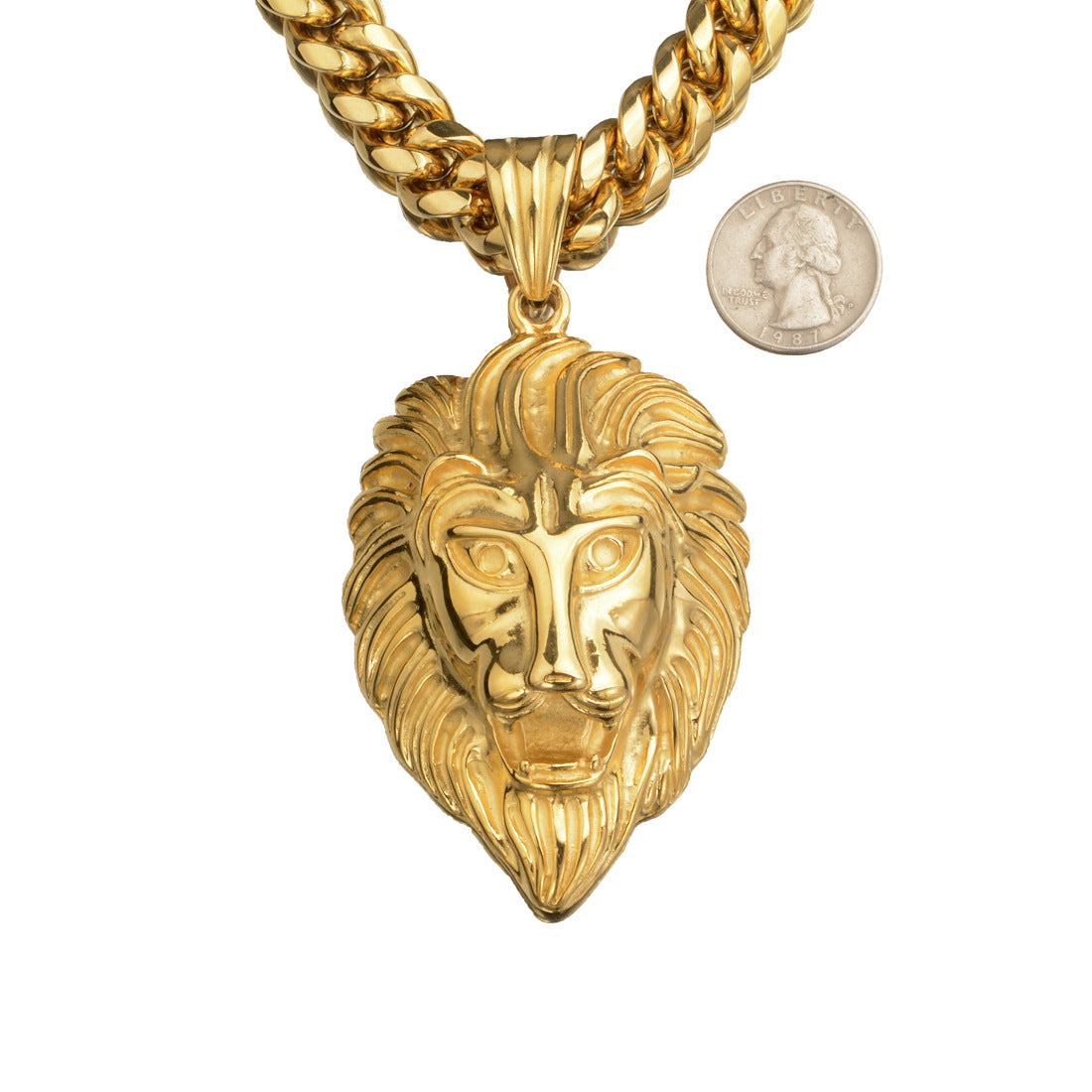 Lion Head Pendant Titanium Steel Stainless Steel Cuban Chain Necklace 14mm