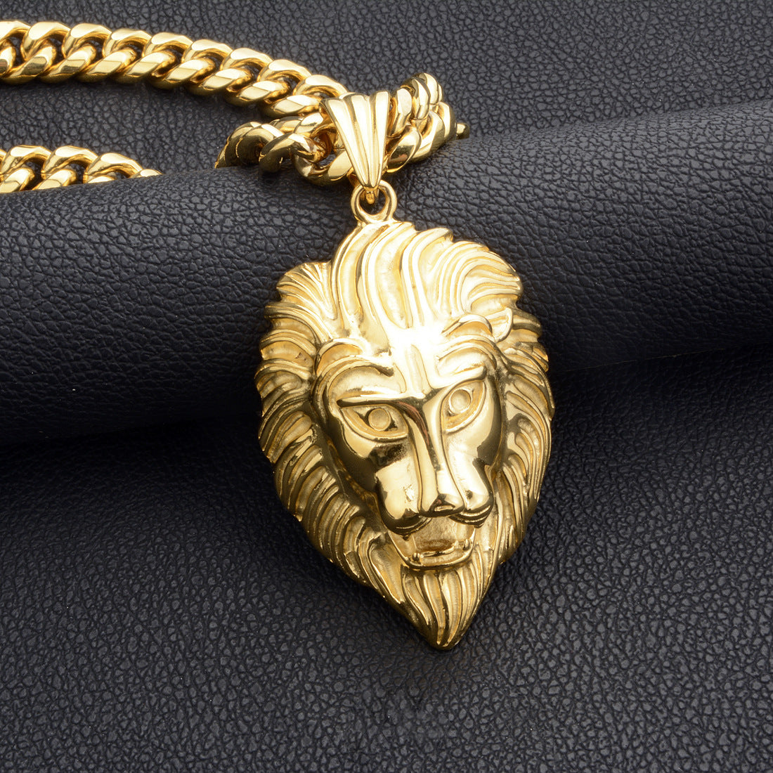 Lion Head Pendant Titanium Steel Stainless Steel Cuban Chain Necklace 14mm